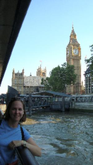 Wheaton staff member in London, with Big Ben in background