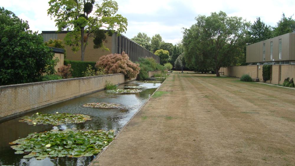 A landscape view of St Anne's in Oxford. There is a pond with some trees and a pathway on the right