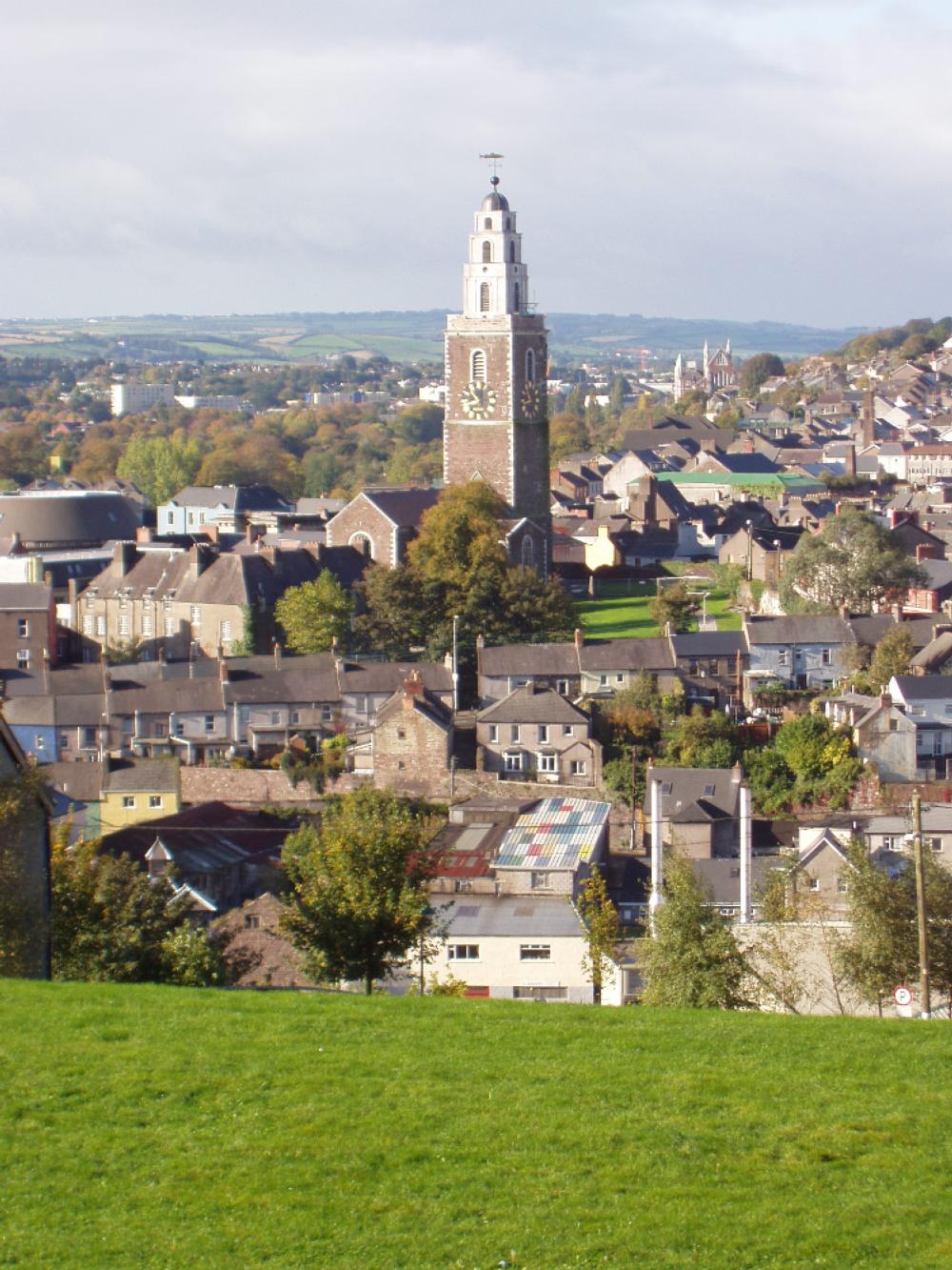 A view of Cork clock tower with the city below it